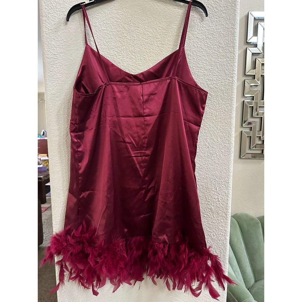 Shein Burgundy Tie Front Fuzzy Hem Satin Slip Sleepdress Size XL (12)